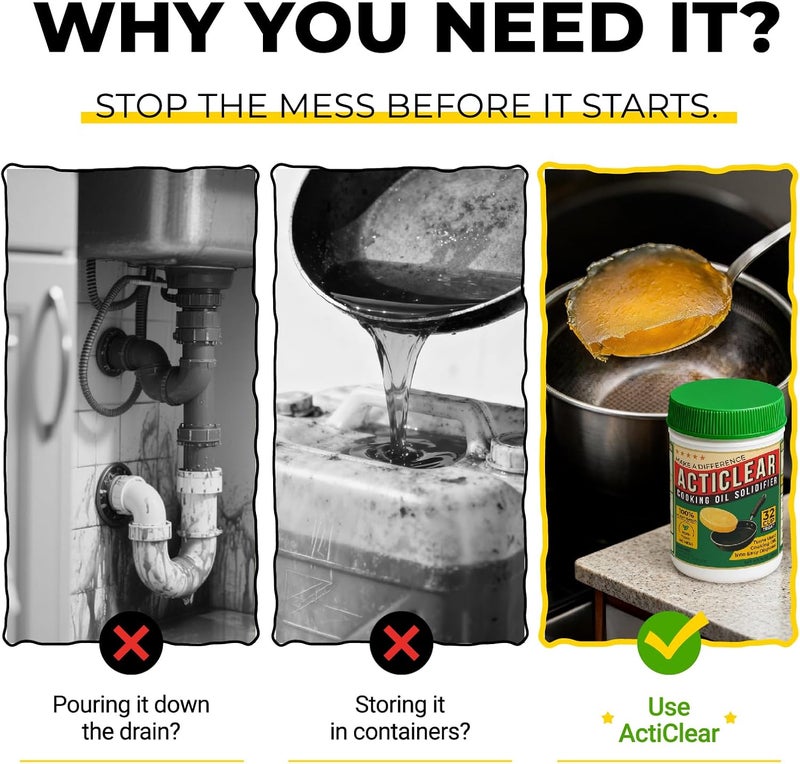 ACTICLEAR Cooking Oil Solidifier - 11oz (32 Cups) Algae-Based Grease Hardener for Easy Disposal, Turns Used Cooking Oils to Solid Waste, Kitchen Fry Oil Solution (2.2 Gallons) - Image 3